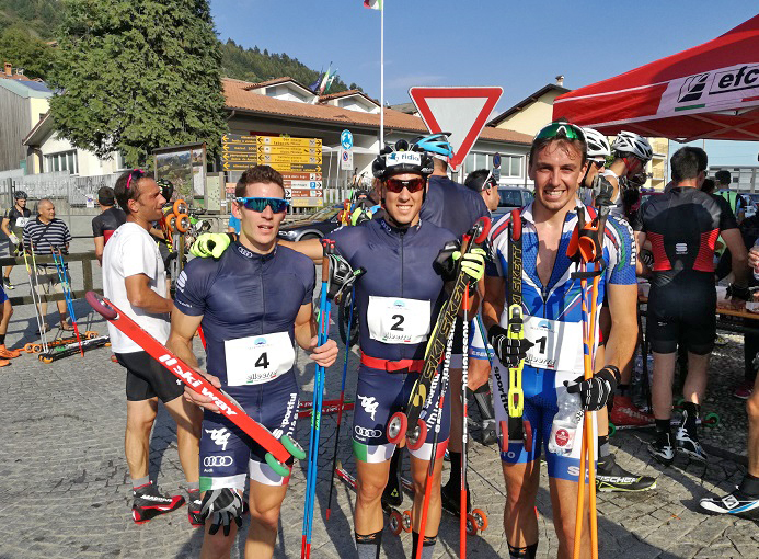 il podio della Skiroll Sovere Bossico 2016: da sinistra, Maicol Rastelli (Esercito - terzo classificato), Federico Pellegrino (Fiamme Oro, vincitore), Francesco De Fabiani (Esercito - secondo classificato).