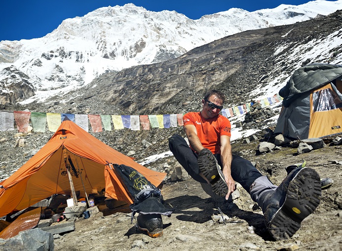 Ueli Steck returned to Nepal and the Annapurna south face in 2013 which he climbed solo, without oxygen, in one 28 hour alpine push, via a new route. The trip was his third attempt to climb the 8000 meter peak. Ueli back in advance basecamp finally gets to take his boots off and get comfortable.