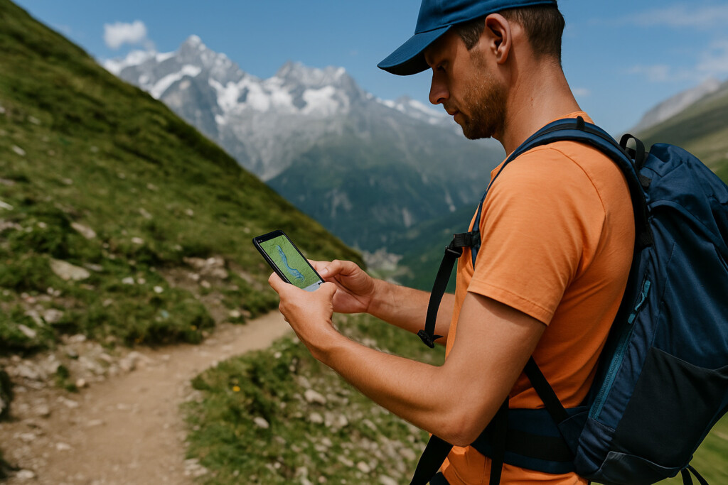 Escursionista con smartphone in montagna, utilizzo dell’app GeoResq per la sicurezza