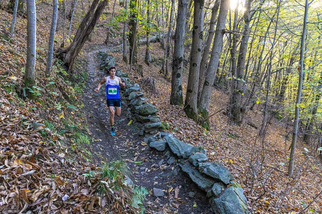 Luca Merli della SA Valchiese in discesa nel bosco durante il Trofeo Vanoni 2025 a Morbegno.