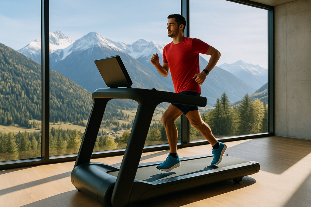 Runner su tapis roulant davanti a una finestra panoramica con vista sulle montagne, simbolo del progetto RUN X e della sfida tra tecnologia e natura.