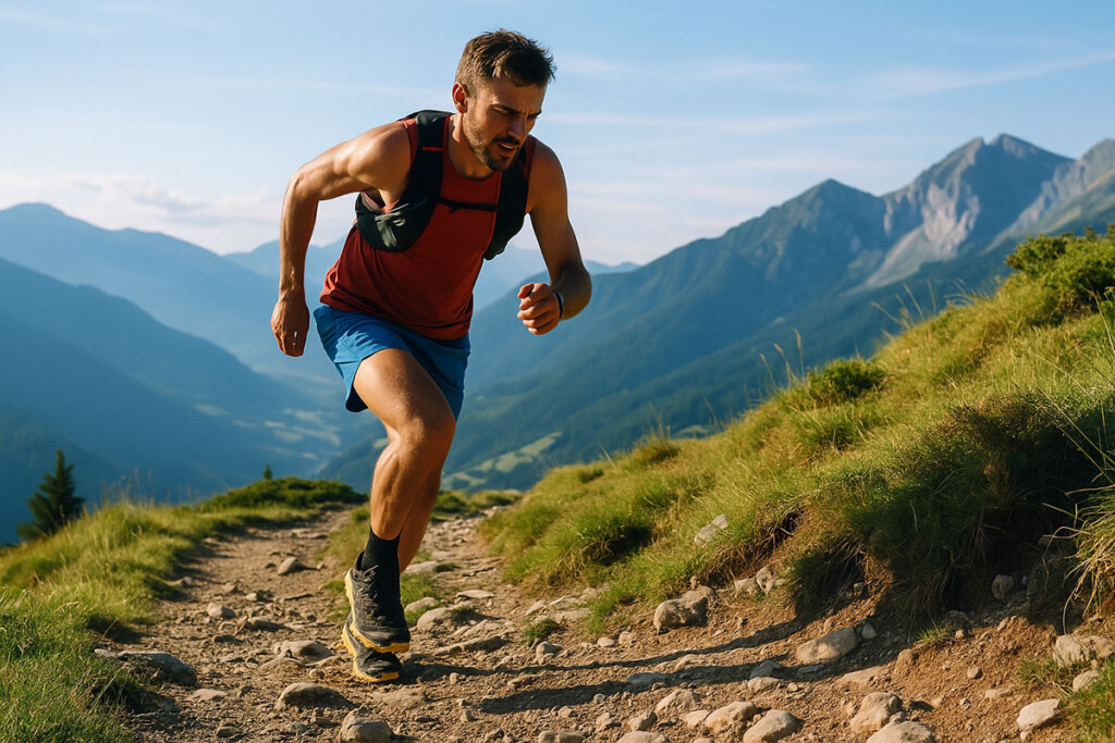 Trail runner in salita su sentiero alpino, immerso nel paesaggio montano, rappresenta la sfida fisica e mentale del trail running.