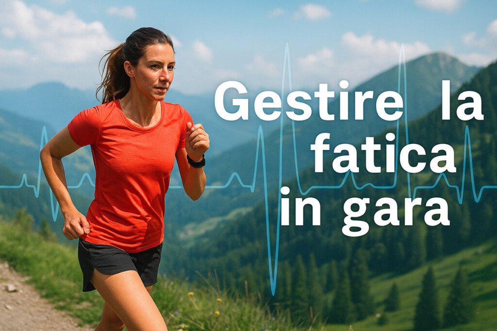 Trail runner in maglietta rossa corre in montagna sotto il sole con grafica di battito cardiaco e testo “Gestire la fatica in gara”, simbolo del controllo dello sforzo nel trail running.