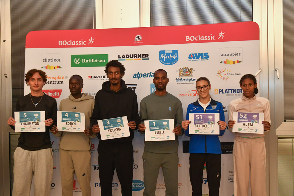 I top runner della BOclassic Alto Adige 2025 riuniti alla presentazione ufficiale: Maxime Chaumeton, Charles Rotich, Yomif Kejelcha, Telahun Haile Bekele, Nadia Battocletti e Ksanet Alem a Bolzano