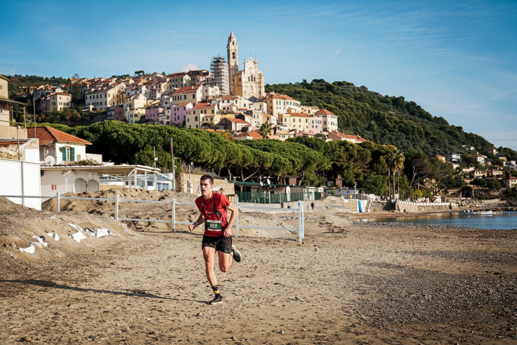 Runner sul tratto di spiaggia di Cervo durante il Trail del Ciapà 2025, con il borgo storico sullo sfondo.