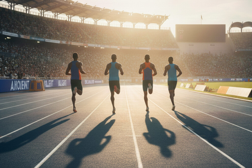 Atleti di atletica élite in pista durante una gara internazionale