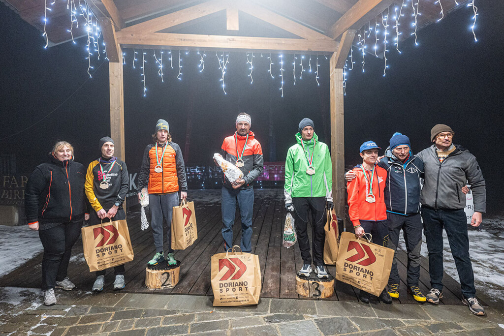 Podio maschile della SkySnow Schia Monte Caio 2026 con Emanuele Manzi, Lorenzo Rostagno e Alessio Vorti.