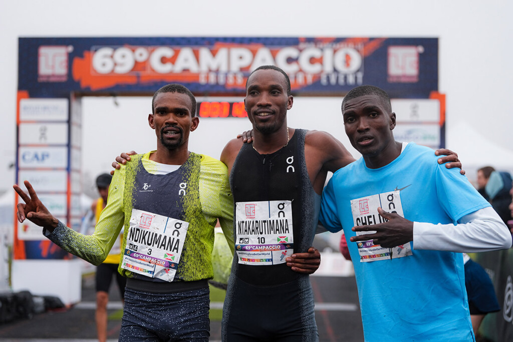 Podio maschile del 69° Campaccio Cross Country con Egide Ntakarutimana, Celestin Ndikumana e Dolphine Chelimo a San Giorgio su Legnano.