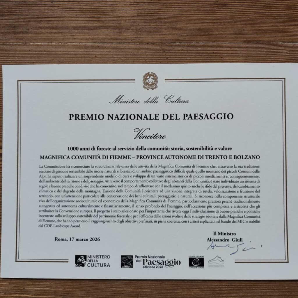 premio nazionale del paesaggio 2026 alla magnifica comunita di fiemme documento