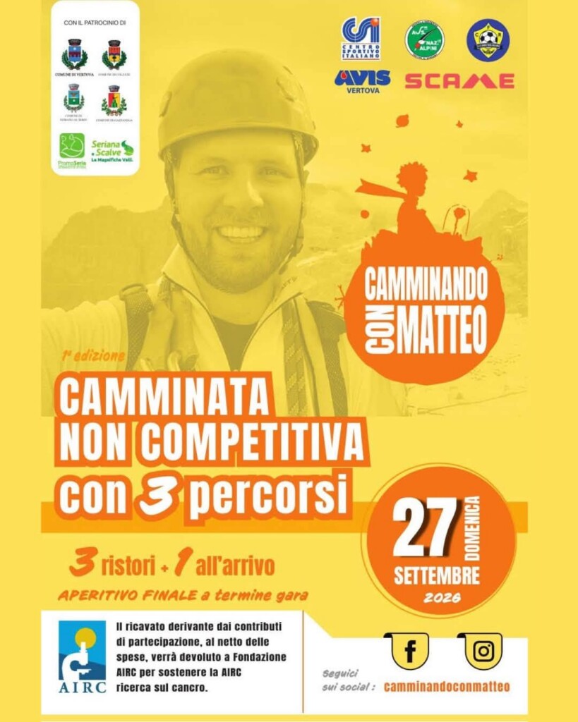 Locandina Camminando con Matteo 2026 a Vertova, camminata non competitiva del 27 settembre