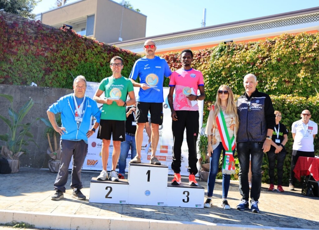 Podio maschile della Over Borders Half Marathon 2026 con Nardini, Chigioni e Dibaba Hirpo